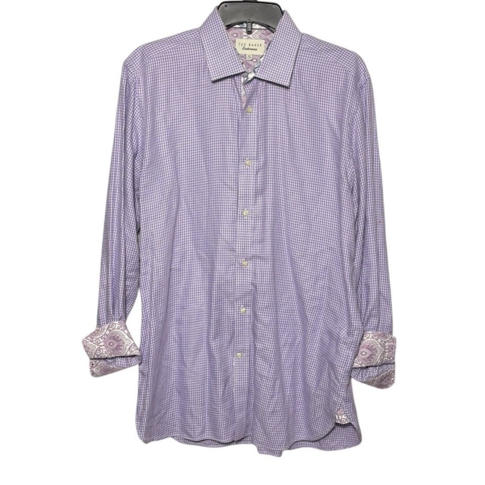 Ted Baker Endurance Purple Houndstooth Dress Shirt Contrast Cuff Size 16.5 32/33